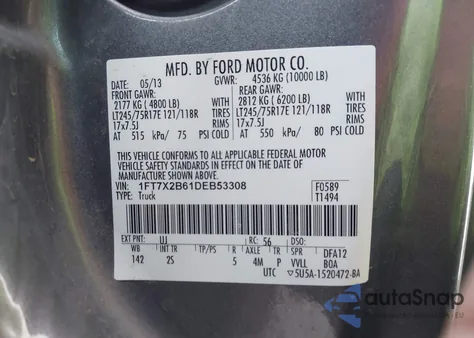 2013 Ford F-250 Xl z USA, uszkodzony, nr VIN 1FT7X2B61DEB53308